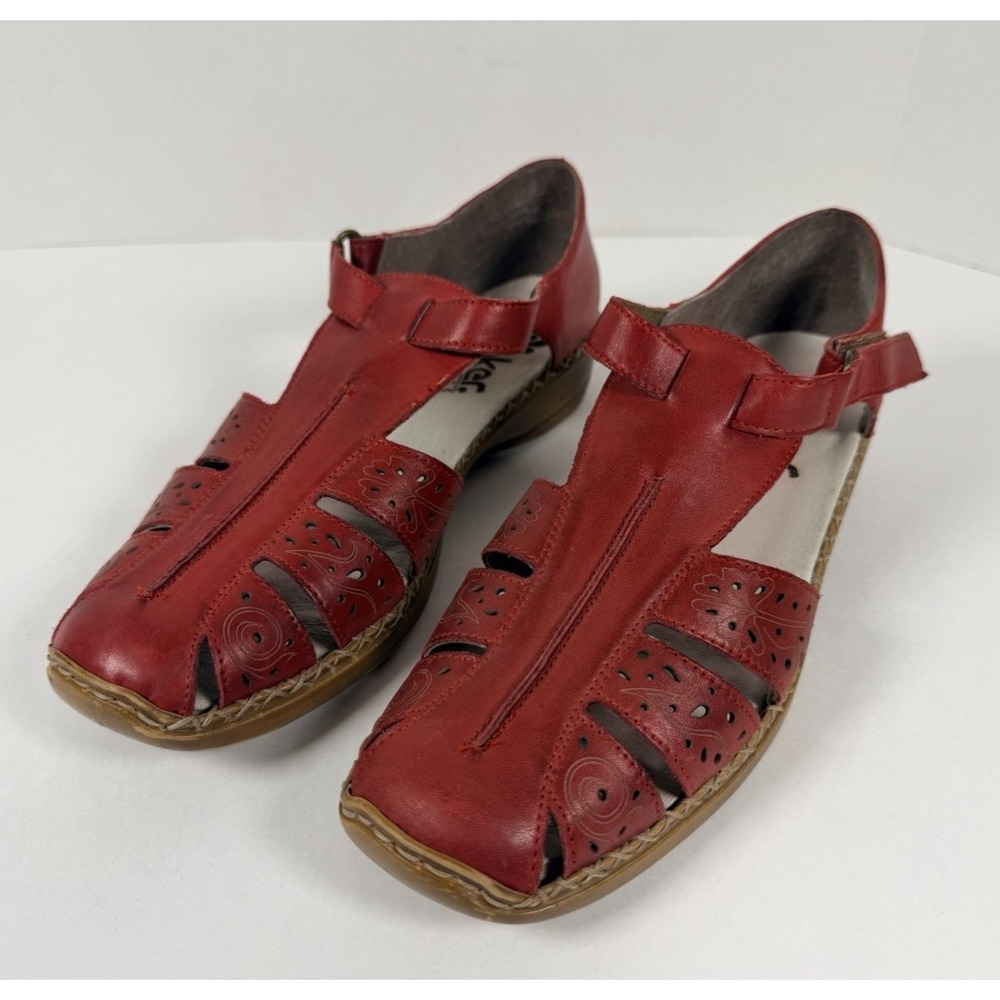 RIEKER Antistress T-Strap Closed Toe Dark Red Leather Shoe Size 40 US 9